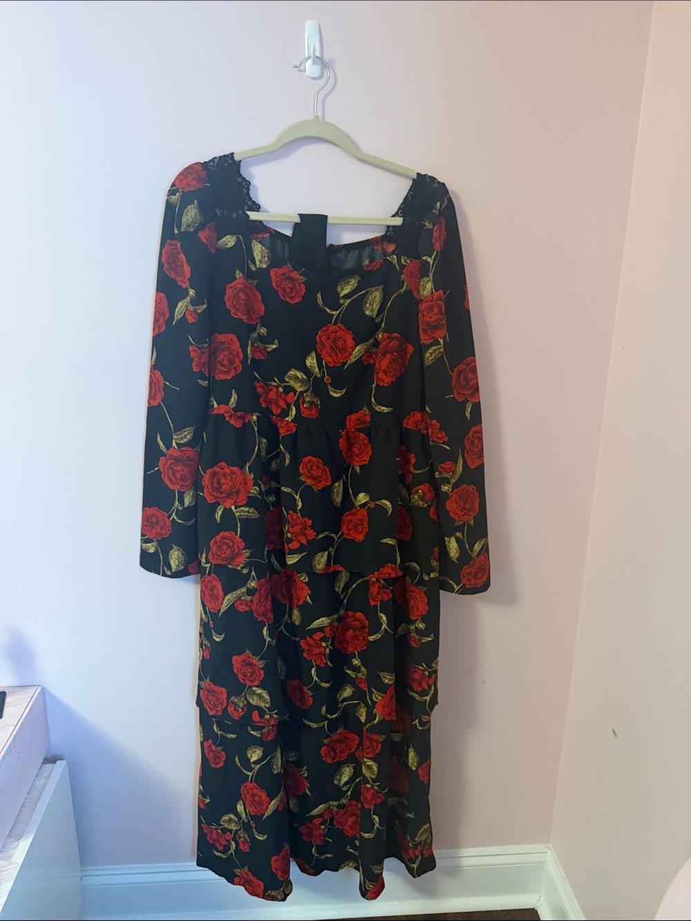 Black Long-Sleeve Midi Dress with Red Rose Print